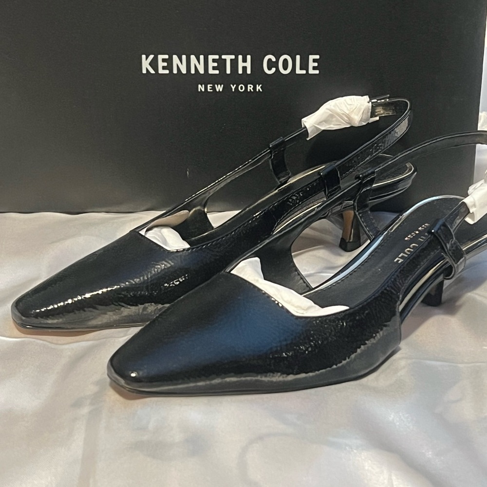 Kenneth Cole Crinkle Patent Black Slingback Kitten Heels